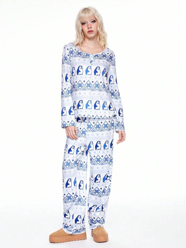 ROMWE Kawaii Set de pijamale casual cu șnur, pantaloni cu mânecă lungă cu imprimeu Kawaii și fulgi de nea