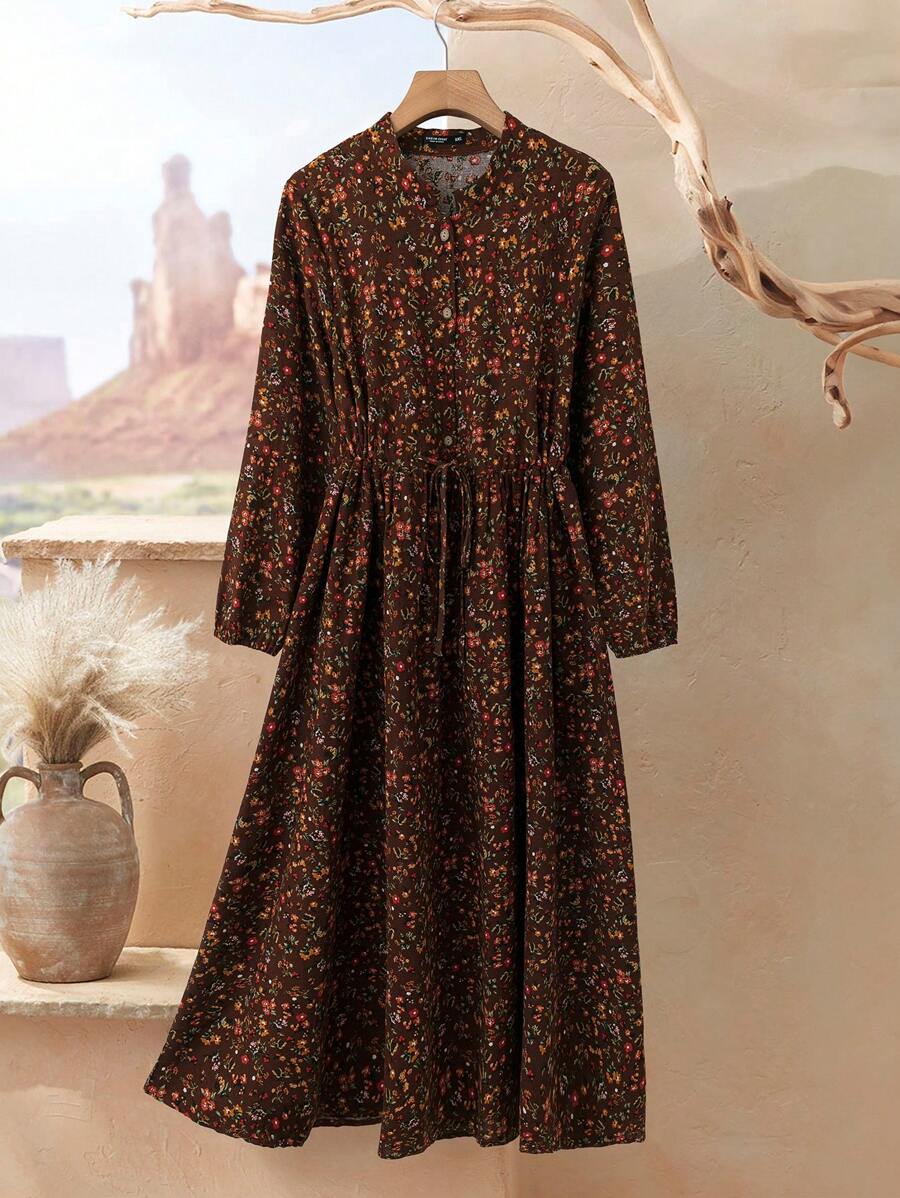 SHEIN LUNE 1 件大码女式碎花圆领长袖系带连体裤连衣裙，适合度假超长女装 - 彩色 - 查看 1