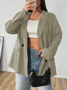 Flirla Plus Size Women Striped Lapel Collar Long Sleeve Double-Breasted Loose Casual Blazer Jacket, Autumn - Multicolor - View 7