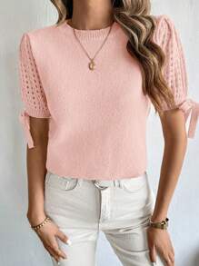 SHEIN LUNE 女款常规款镂空系带袖针织上衣 - 粉色 - 查看 3