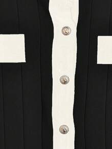 SHEIN LUNE Plus Size Solid Color Patchwork Front Button Placket Long Sleeve Pocket Minimalist Top & Skirt Set, For Winter - Black and White - View 4