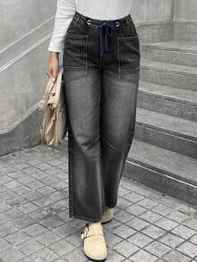 Women's Front Tie Pocket Simple Jeans For Daily Casual - Grey - View 7