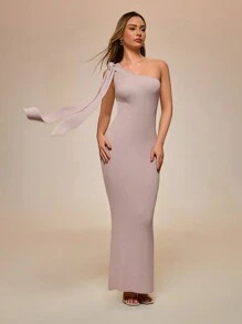Glamine Damen schulterfrei ärmelloses Binde Lässig Slim Fit Strickkleid - Aprikosenfarben - Übersicht 6