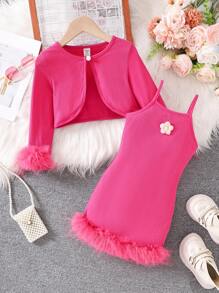 Elladie kids 2pcs Young Girls Flower Trim Fluffy Set - Hot Pink - View 1