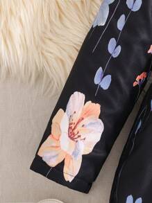 Tween Girl Floral Print Zip-Up Fleece Hoodie Jacket - Black - View 5