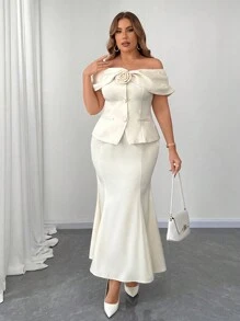 Elenzga 2pcs/Set Plus Size Elegant Floral Off Shoulder Top And Skirt, Autumn - Apricot - View 3