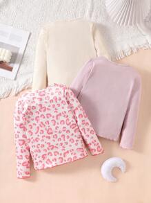 Girls' Simple And Fashionable Leopard Pattern And Solid Color Series Three Pieces Combination Base Long-Sleeved Underwear - Multicolor - View 2