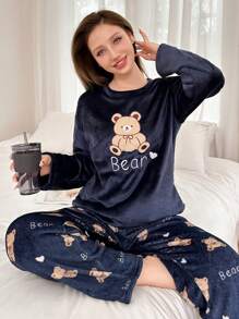 Women 2pcs Plush Bear Embroidery Allover Print Long Fluffy Pajama Set, Autumn/Winter, Fall Winter Clothes