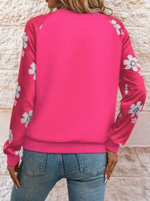 SHEIN LUNE 女士圆领长袖纯色拼布休闲上衣 - 玫紅色 - 查看 2