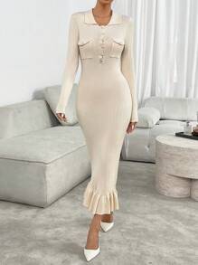Chiquease Ruffle Trim Long Sleeve Knitted Dress, Slimming Effect, Autumn/Winter - Apricot - View 3