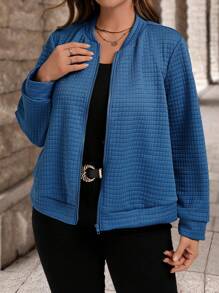 SHEIN LUNE Plus Size Women Warm Blue Plaid Pattern Casual Work Zip-Up Jacket, Autumn/Winter