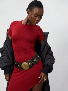 SHEIN Unity 女士纯色修身高开叉连衣裙 - 酒紅色 - 查看 6