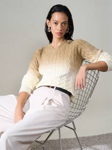 AiiRZ 奢华麻花针织 V 领毛衣 渐变效果泡泡袖 冬季秋季节日礼物 时尚个性针织衫 - 黃色 - 查看 5