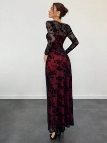 Aloruh Đầm bodycon ren xếp ly nhung jacquard mới cho nữ mùa thu/đông mới - màu đen - Xem 3