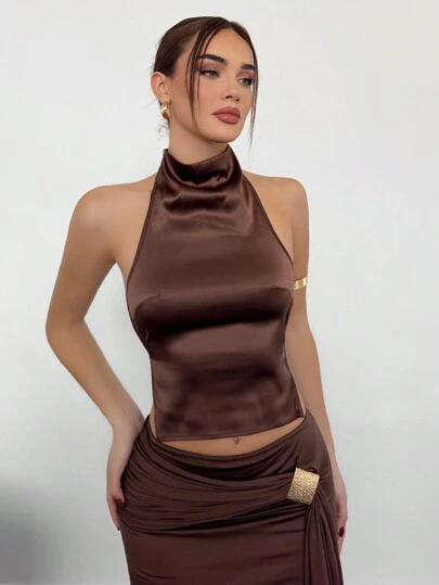 Aloruh Camiseta sin espalda con cuello alto y cordón en el bajo, color marrón, para mujer, para fiesta y eventos de otoño/invierno