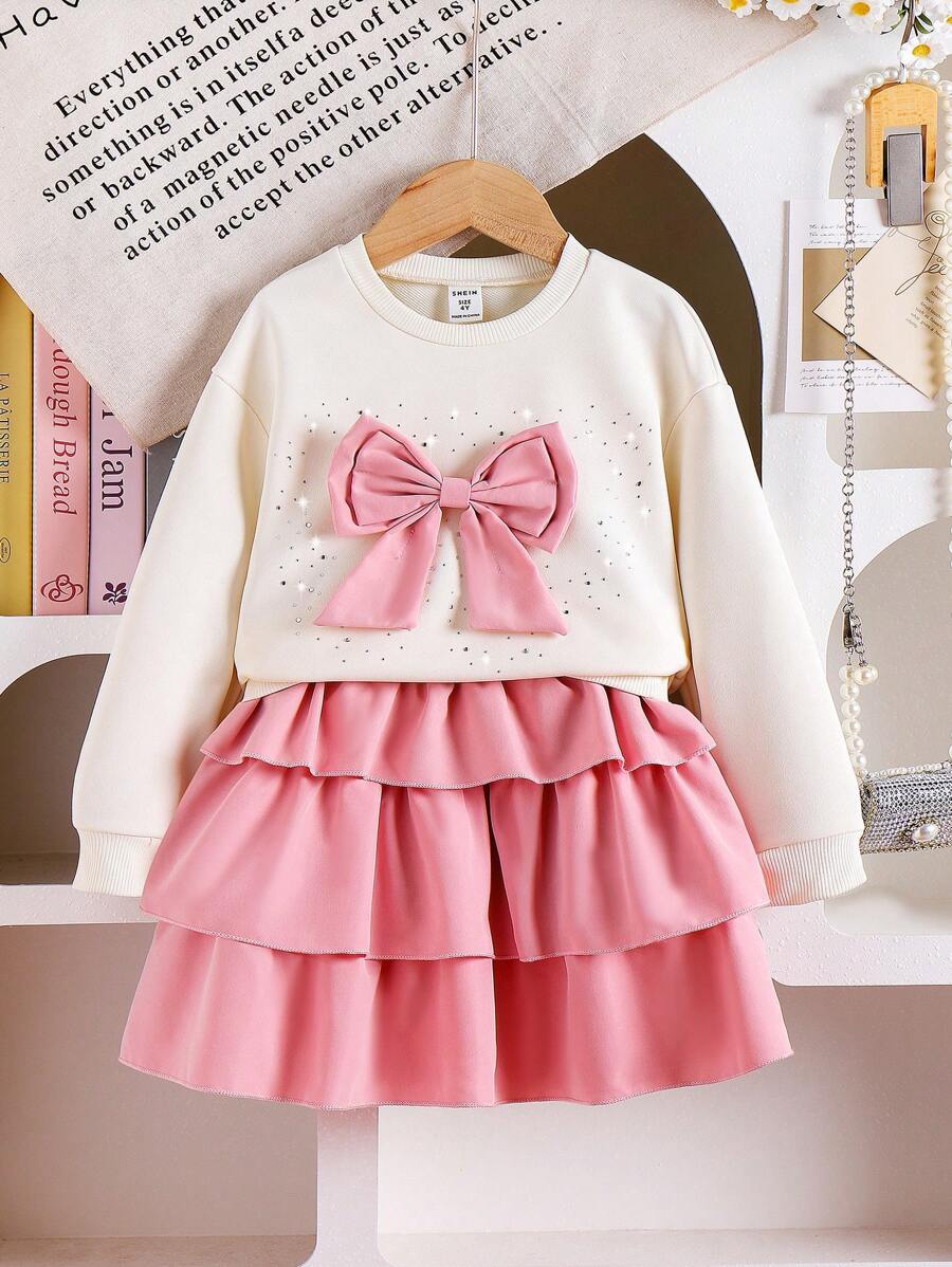 Conjunto de 2 piezas para niña: Sudadera con lazo y falda tipo pastel, nueva colección de primavera-otoño 2024