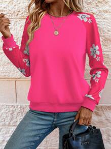 SHEIN LUNE 女士圆领长袖纯色拼布休闲上衣 - 玫紅色 - 查看 6