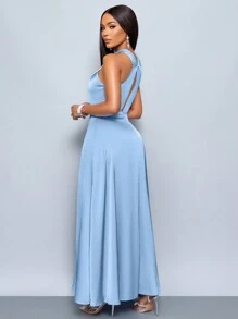 SHEIN Belle 優雅露背高腰裝飾伴娘禮服姊妹晚禮服派對婚禮季藍色長裙 - 藍色 - 查看 2