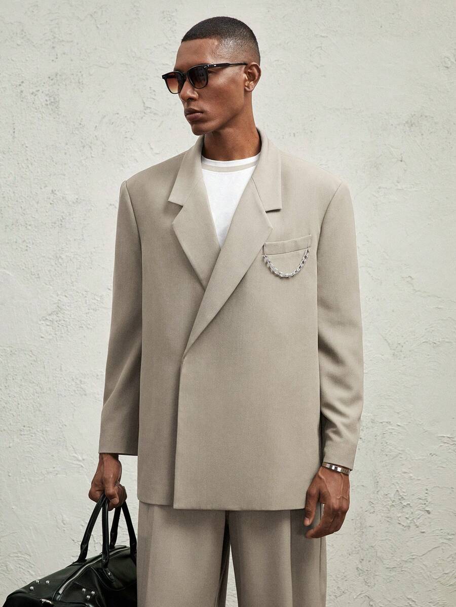 AKNOTIC Formal 男式宽松版型金属链装饰前开翻领休闲夹克，驼色，秋冬款