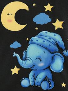 SHEIN Leap Crew 2 件装男婴可爱大象和月亮图案针织柔软舒适长袖上衣和裤子贴身睡衣套装 - 彩色 - 查看 4