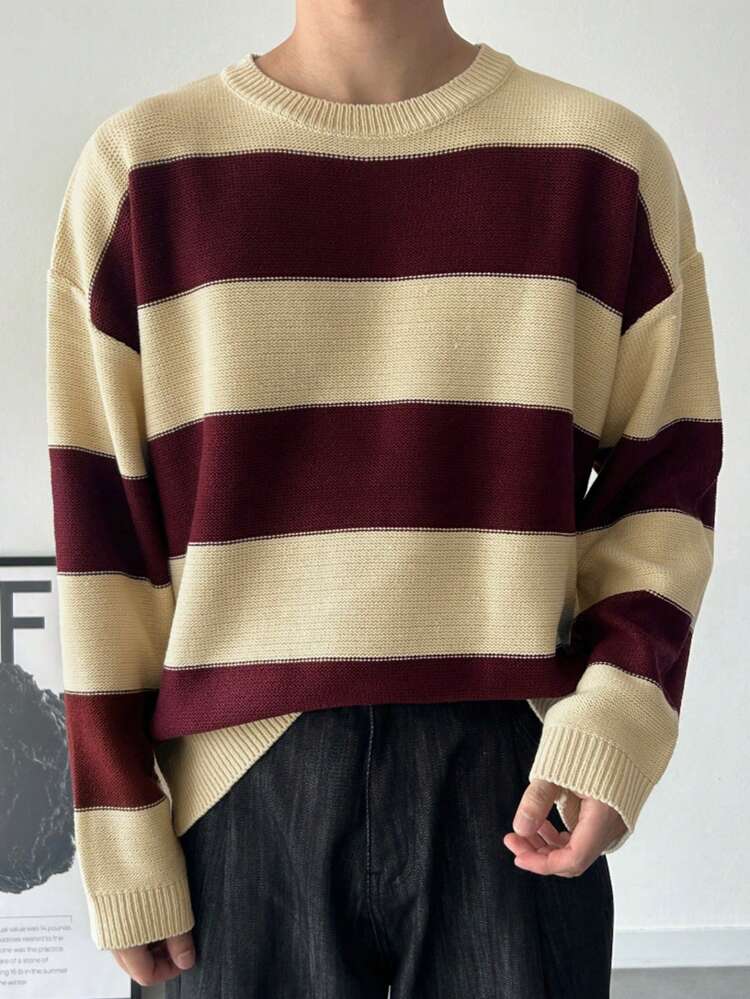 Men's Casual Daily Loose Fit Colorblock Striped Sweater For Autumn/Winter Business Attire