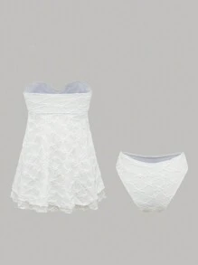 Swim Mod Bộ 2 chiếc/Bộ Bikini hai dây màu trắng, Áo dệt kim có họa tiết xếp nếp và Quần bikini khoét sâu hở lưng mùa hè - trắng - Xem 4