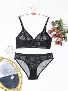 2 pièces Ensemble de lingerie sexy avec patchwork en dentelle pour femmes - Noir - Voir 5