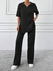EURMUSE Cotton Two Pieces Set Polo Neck Top And Pant Set Rib Knit Fabric - Dark Grey - View 5