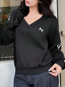 SHEIN EZwear Áo nỉ rộng rãi họa tiết nơ cổ chữ V kẻ sọc đơn giản cho nữ, mùa thu - màu đen - Xem 6