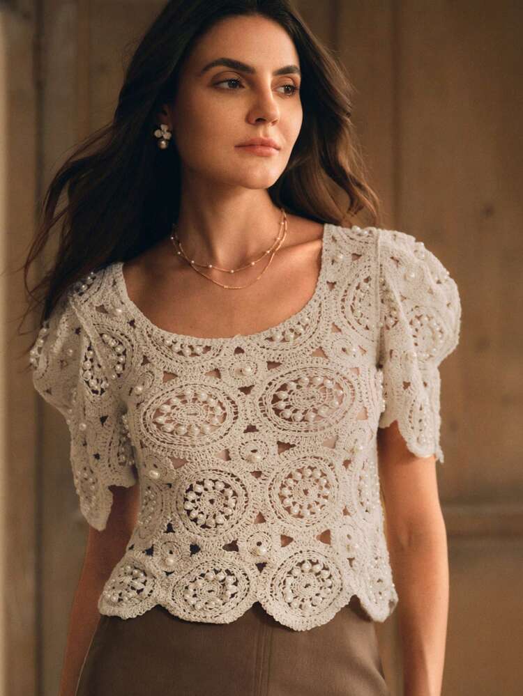 Women Square Neck Floral Hollow Crochet Puff Sleeve Elegant Resort T-Shirt