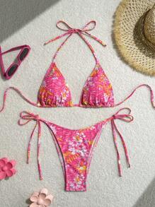 Swim SXY Damen Set mit kleinem Ditsy Blumen Neckholder Crop Top und Bikinihose mit Bindedetail für Sommer und Strand - Verschiedenfarbig - Übersicht 8