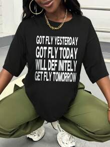 SHEIN Slayr Casual Streetwear Slogan Printed Long Sleeve T-Shirt, Summer Travel Black And White - Black - View 3