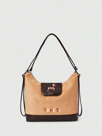 Kawaii 1 pieza Mochila y bolso de hombro de estilo coreano de gran capacidad y compartimento único con logotipo bordado de perro