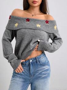 SHEIN Unity Women's Autumn/Winter New Grey Off-Shoulder Embroidered Casual Cute Cropped Knit Sweater Knit Pullover Fall - Grey - View 1