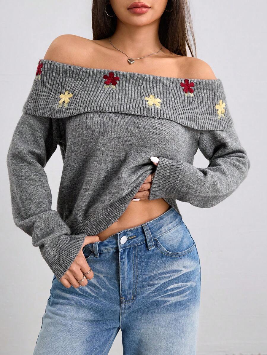 SHEIN Unity Women's Autumn/Winter New Grey Off-Shoulder Embroidered Casual Cute Cropped Knit Sweater Knit Pullover Fall - Grey - View 1