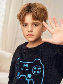 SHEIN 2 件套青少年男孩秋冬简约游戏控制器刺绣图案圆领长袖上衣和裤子柔软舒适毛绒羊毛睡衣套装 - 黑色 - 查看 5