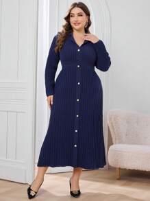 Modelyn Plus Size Solid Color Front Button Down Ribbed Knit Long Sleeve Sweater Dress