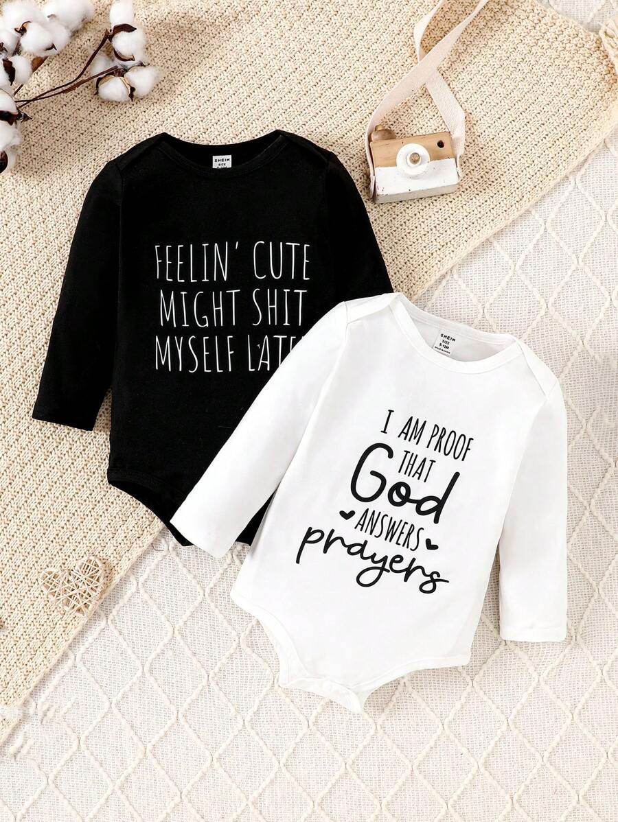 2件套新生儿婴儿休闲字母印花百搭长袖连体衣，适合所有季节 - 黑與白 - 查看 1