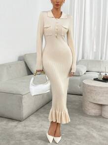 Chiquease Ruffle Trim Long Sleeve Knitted Dress, Slimming Effect, Autumn/Winter - Apricot - View 5