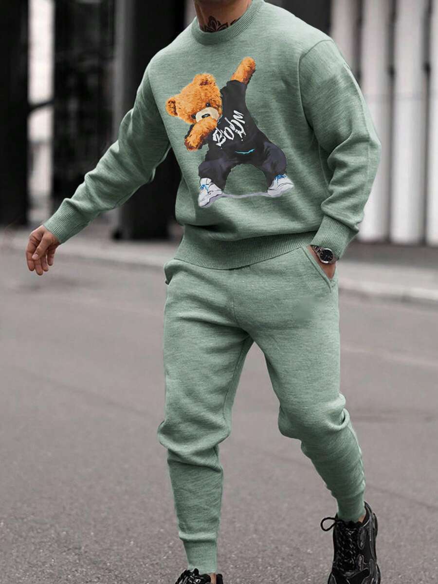 RueChic Men Bear Printed Regular Sweatshirt Set - Mint Blue - View 1