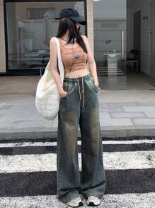 DAZY 女式休闲做旧水洗抽绳腰阔腿牛仔裤