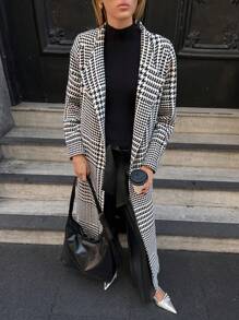 SHEIN Cottnline Casual Houndstooth Pattern Long Coat, Autumn/Winter - Black and White - View 7