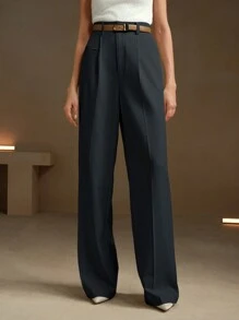 Anewsta Black Urban Chic Casual Loose Straight Waist Belted Suit Pants