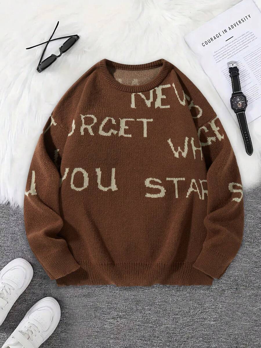 Manfinity Hypemode Men's Round Neck Long Sleeve Letter Print Detail Casual Sweater - Brown - View 1