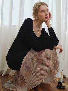 Simple Retro Đầm dài nhung in họa tiết cổ vuông cho nữ - màu đen - Xem 5