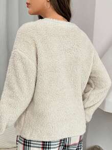 Cartoon Bear Embroidery Drop Shoulder Flannel Fluffy Sleep Top, Winter, Cozy - Apricot - View 2