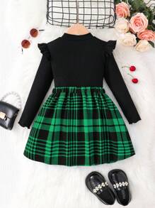 Young Girl 2 Pcs / Sets Cute Plaid Patchwork School Style Outfits , Ruffle Long Sleeve Mock Neck Knit Tee Top & Big Bowknot Detail Skirt,Great For Casual & Daily Wear & School Daily In Autumn & Winter, For Christmas