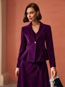 MOTF PREMIUM VELVET SOLID PEAK COLLAR FLOWY HEM BLAZER - Purple - View 5