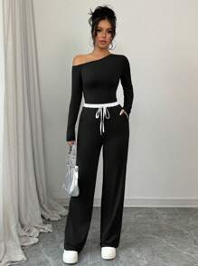 Calvaya Women Casual 2pcs Set: Oblique Shoulder Elastic Top And Contrast Waist Band Elastic Pants