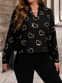 Plus Size Woven Heart Hot Stamping Crew Neck Long Sleeve Shirt, Autumn/Winter
